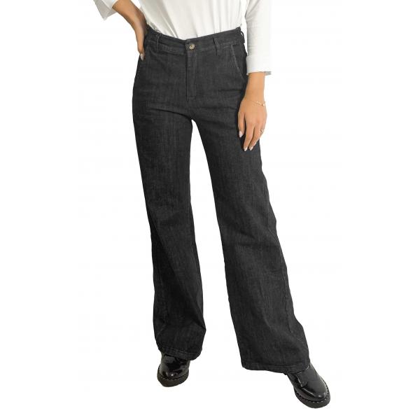 Pantalone in denim con elastico dietro palazzo